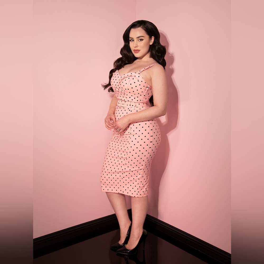 NWT Vixen By Micheline Pitt Maneater Wiggle Dress In Blush Pink Polka Dot Size M
